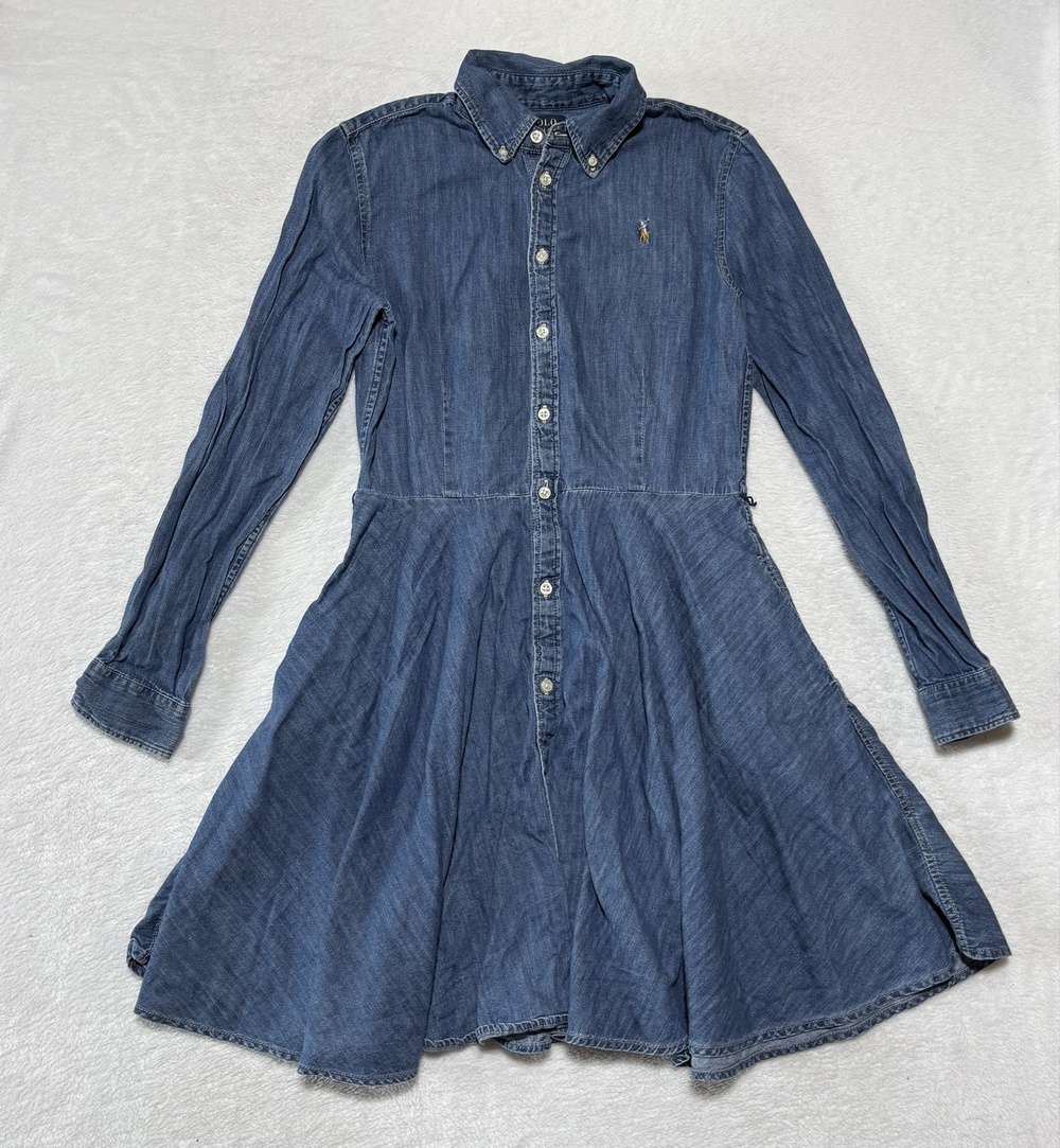 Polo Ralph Lauren Dress Girls 16 Blue Denim Fit & Flare Long Sleeve NO BELT